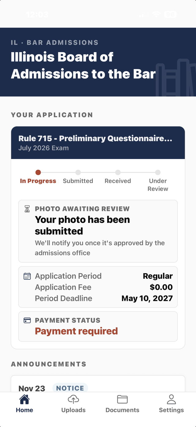 App home screen showing application status, fee and deadline